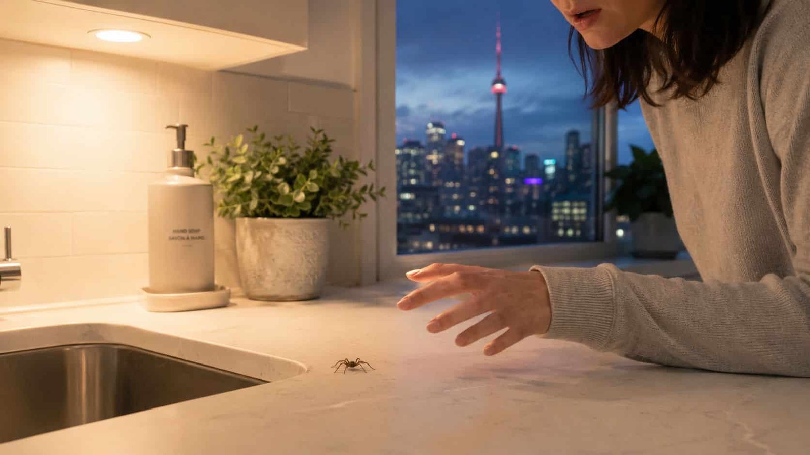 A person reaches towards a small spider on a kitchen counter overlooking the Toronto skyline at night.