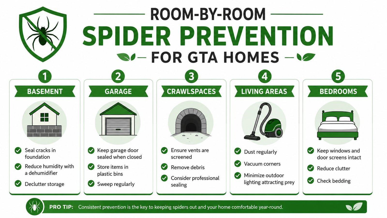 A helpful infographic showing five effective room-by-room tips for spider prevention in homes.