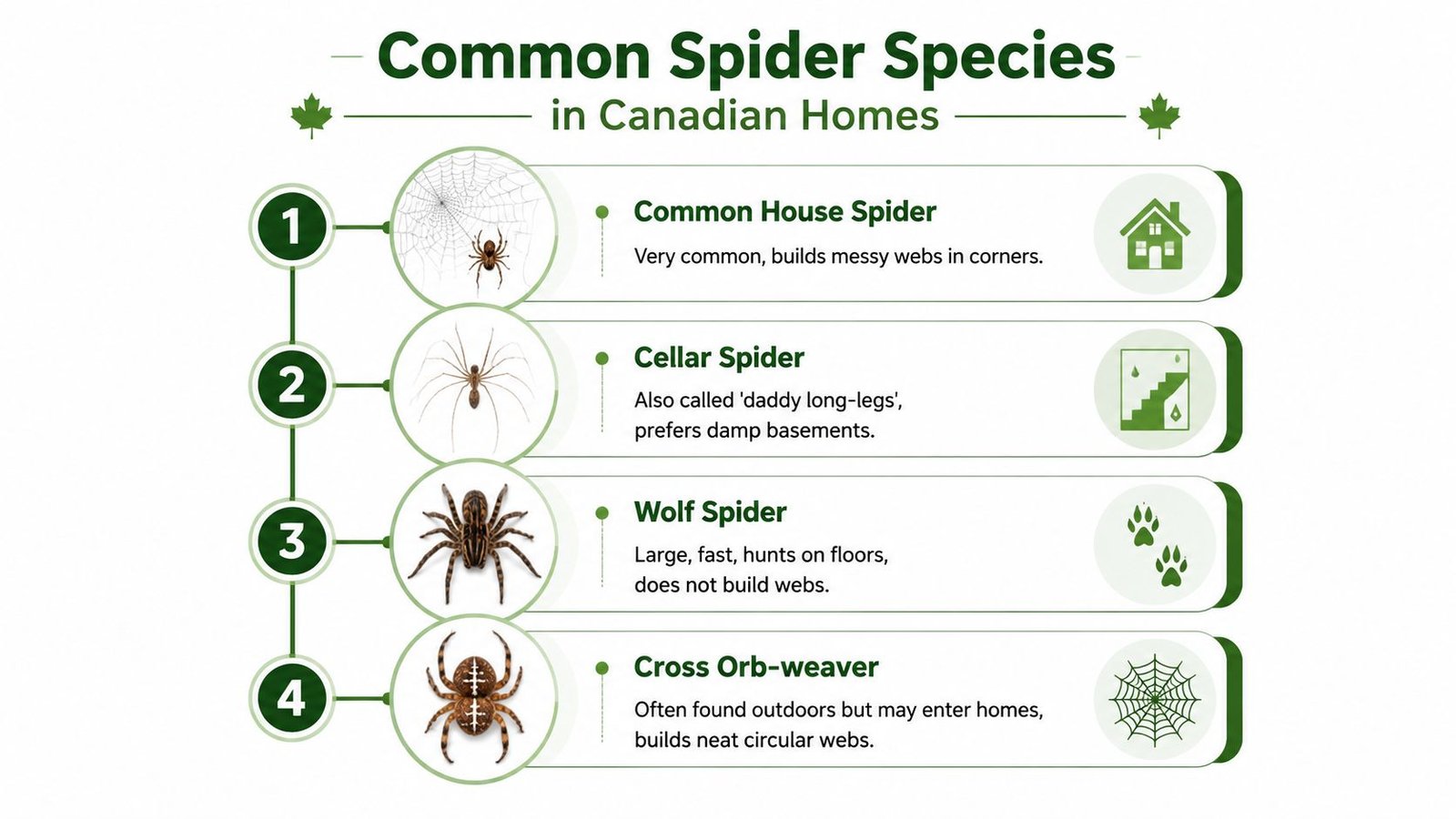 An infographic titled Common Spider Species in Canadian Homes, displaying four types of common house spiders.