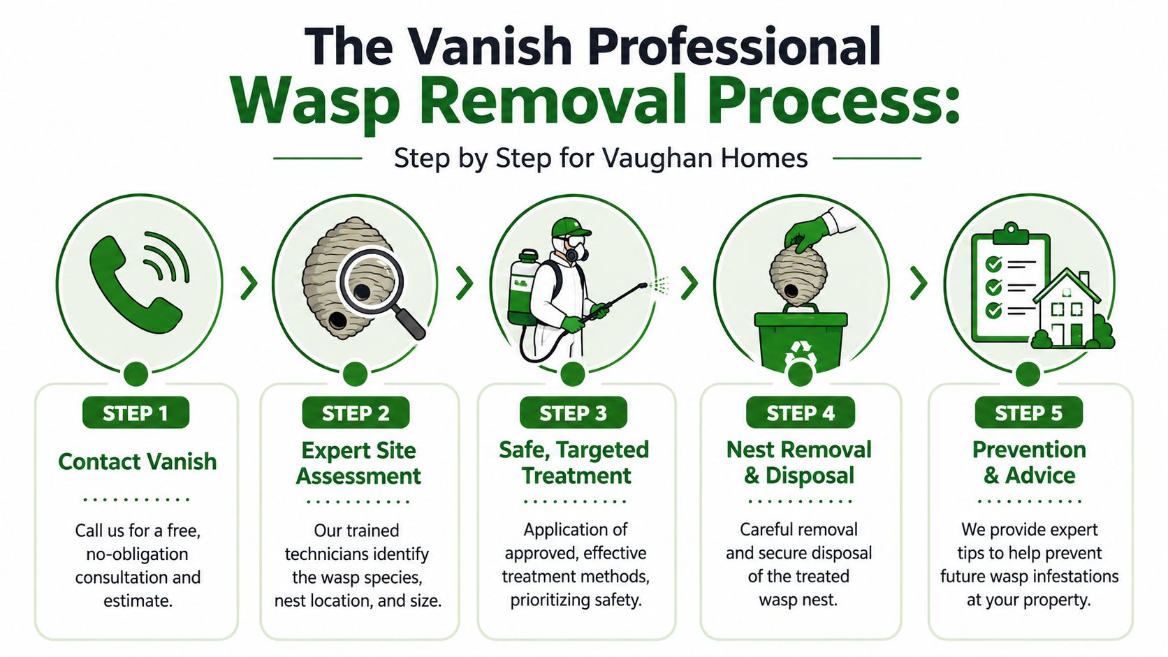 Wasp Nest Removal Vaughan: Safe & Expert Service 2026 3 A five-step infographic showing the professional wasp nest removal process in Vaughan, from initial contact to prevention.