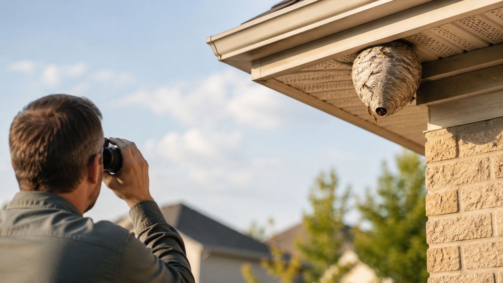 Wasp Nest Removal Vaughan: Safe & Expert Service 2026 1 A man uses binoculars to observe a large paper wasp nest attached to a residential roof eave.