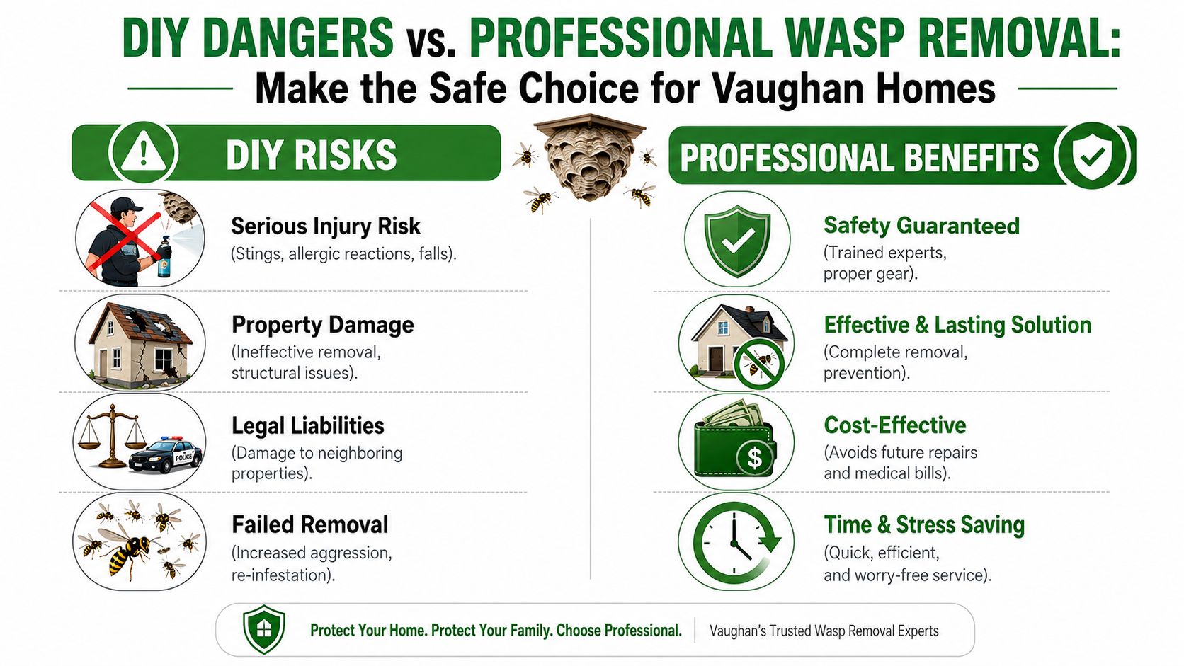 Wasp Nest Removal Vaughan: Safe & Expert Service 2026 2 An infographic comparing the risks of DIY wasp removal versus the benefits of professional pest control services.
