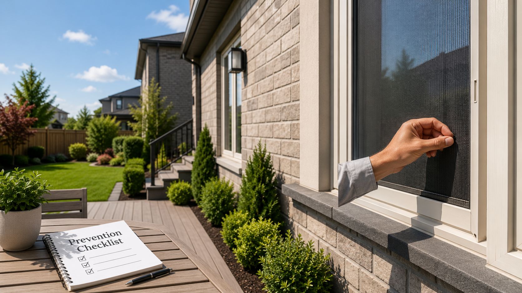 Wasp Nest Removal Vaughan: Safe & Expert Service 2026 4 A hand checking a window screen on a house, next to a prevention checklist on a table.