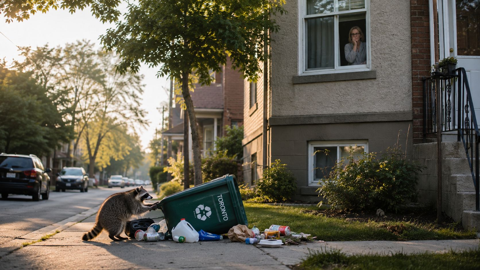 Pest Control East York: Fast, Eco-Friendly Help 1 A raccoon rummaging through a tipped-over recycling bin on a suburban sidewalk while a resident watches.