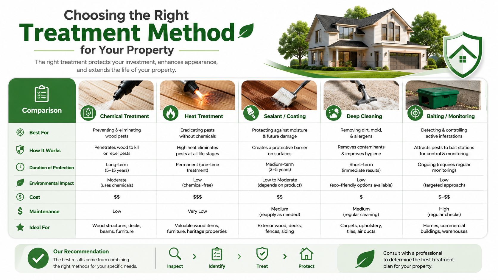 Pest Control East York: Fast, Eco-Friendly Help 4 A comparison chart outlining different property treatment methods including chemical, heat, sealant, deep cleaning, and baiting services.