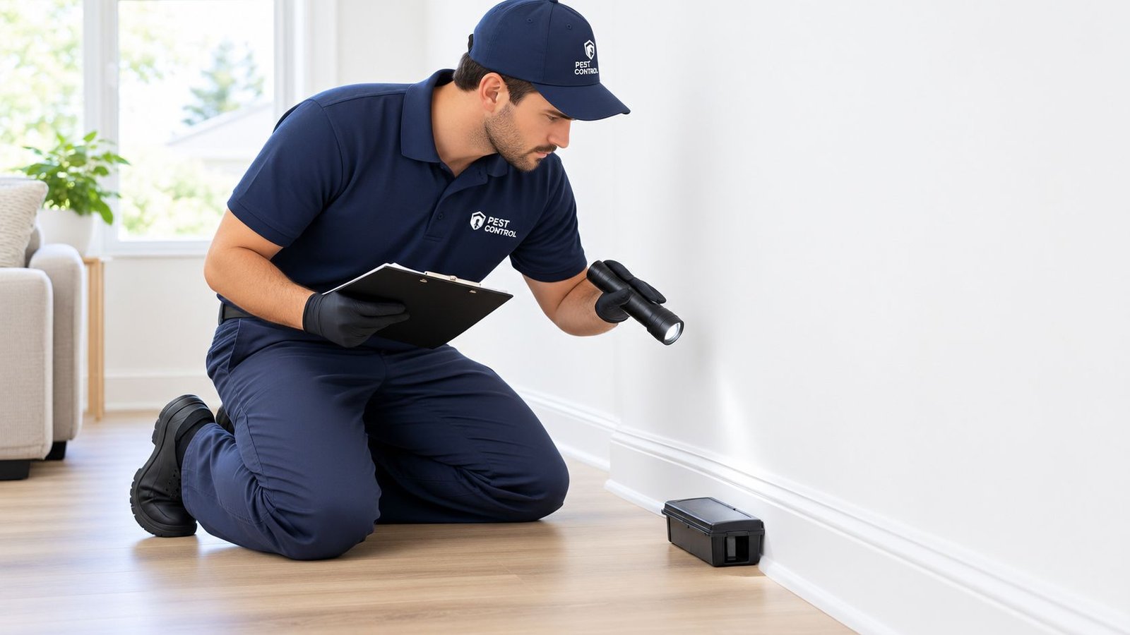 Exterminator Etobicoke: What to Expect from Vanish 1 A professional pest control technician inspects a rodent bait station against a wall in a bright home.