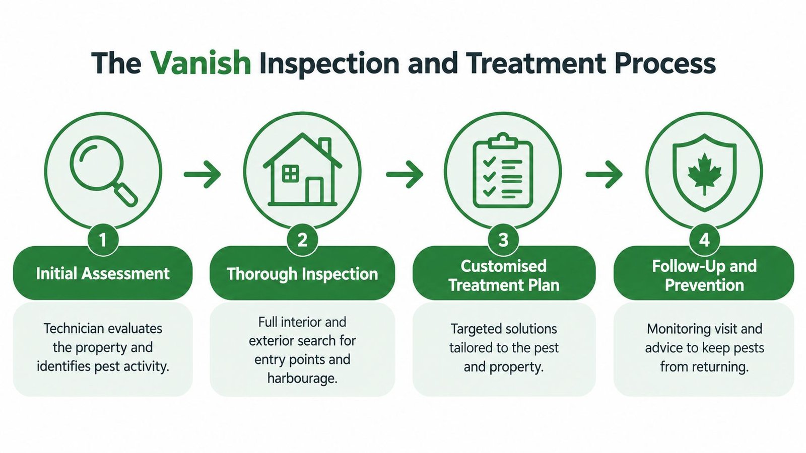 Exterminator Etobicoke: What to Expect from Vanish 2 A diagram outlining the four-step Vanish pest control inspection and treatment process from assessment to prevention.