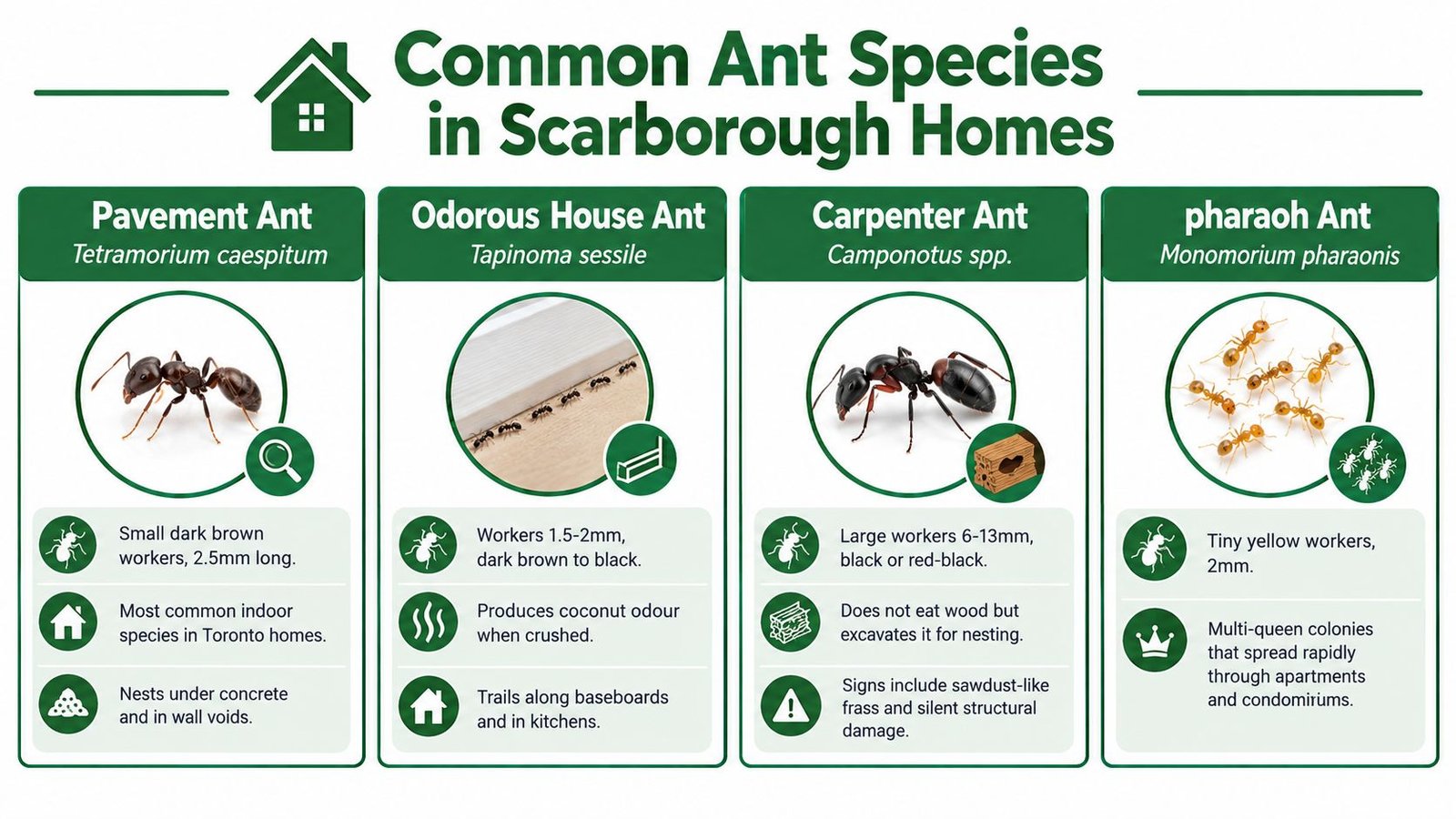 How to Stop Ants in Scarborough Homes 1 An infographic showing four common ant species found in Scarborough homes including their identification and habits.