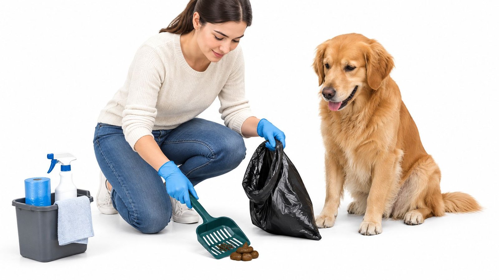 A woman wearing blue gloves cleaning up dog waste with a scoop and bag while the dog watches.