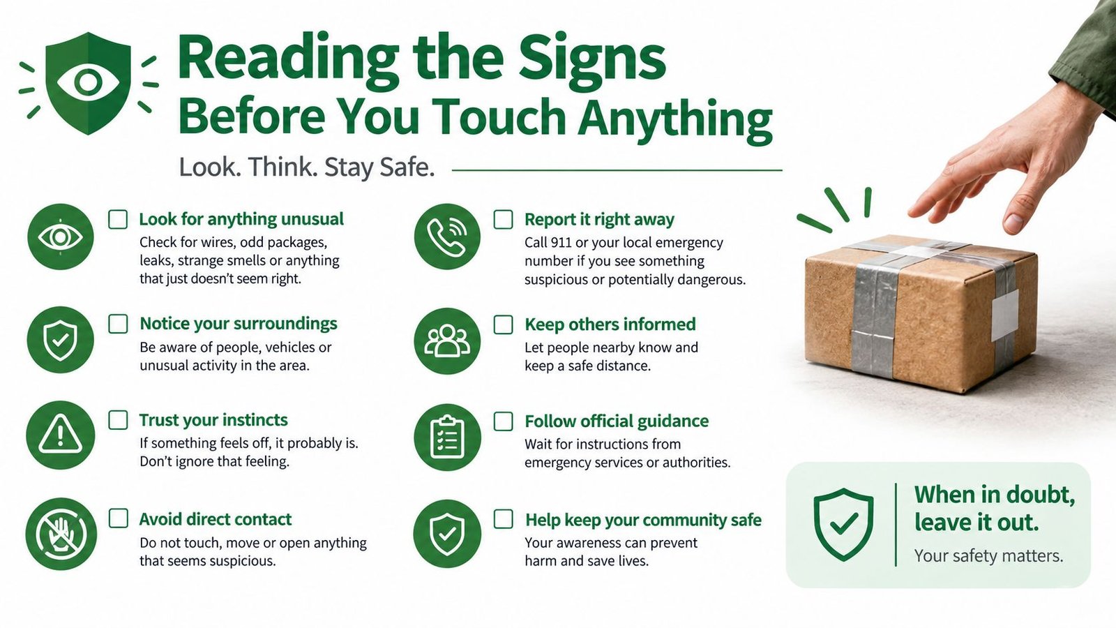 An infographic on safety tips for handling suspicious packages, advising to look, think, and stay safe.