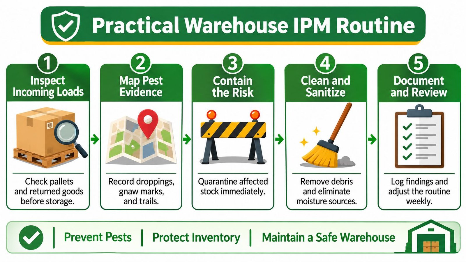 Warehouse Pest Control in Toronto for IPM Programs 3 A flowchart detailing a five-step practical warehouse integrated pest management routine for maintaining a safe facility.