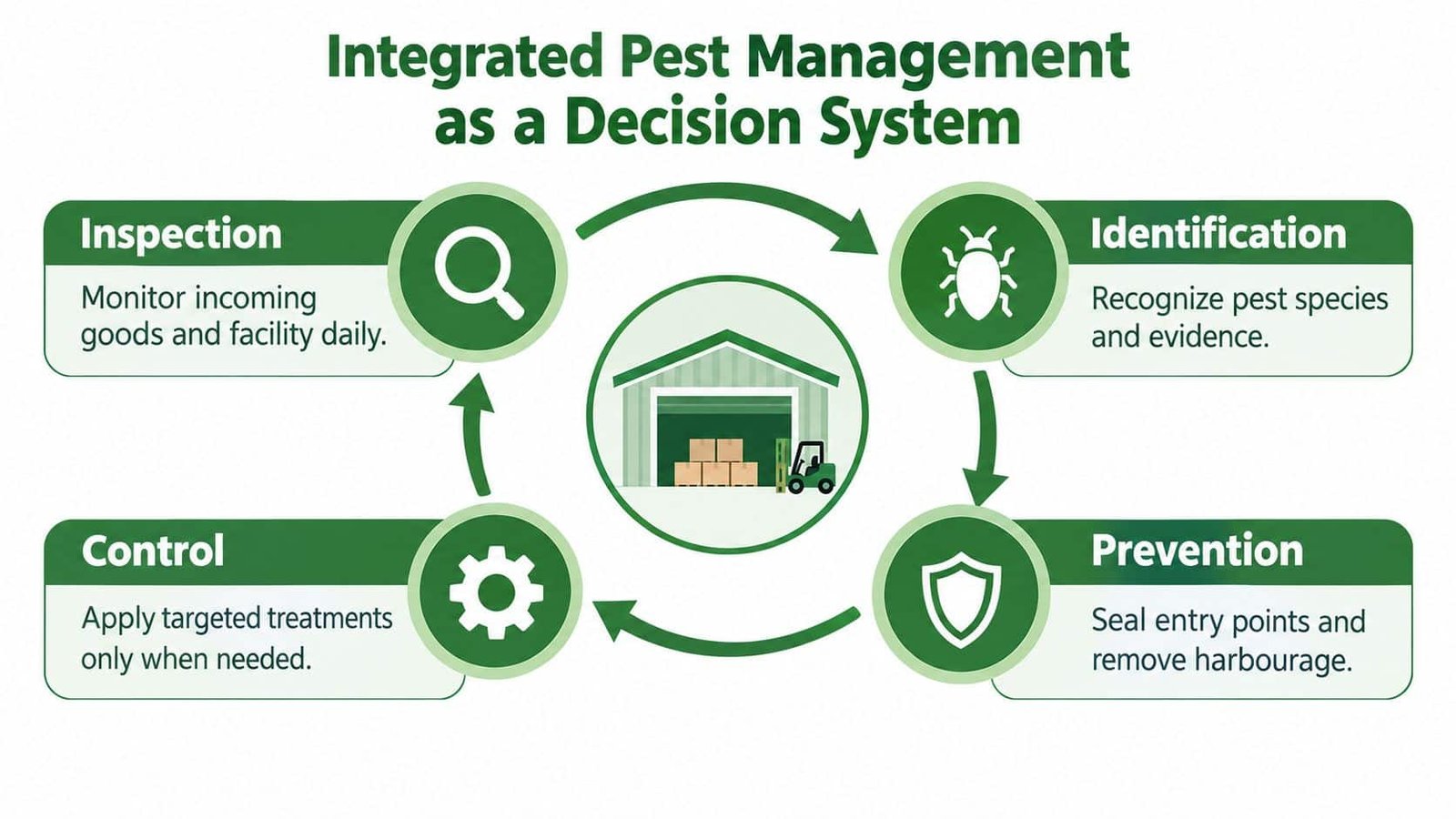 Warehouse Pest Control in Toronto for IPM Programs 2 A diagram illustrating an integrated pest management decision system cycle for a warehouse facility.