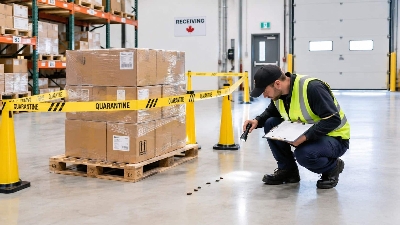 Warehouse Pest Control in Toronto for IPM Programs 1 A warehouse inspector in safety gear examines evidence of a pest infestation on the floor with a flashlight.