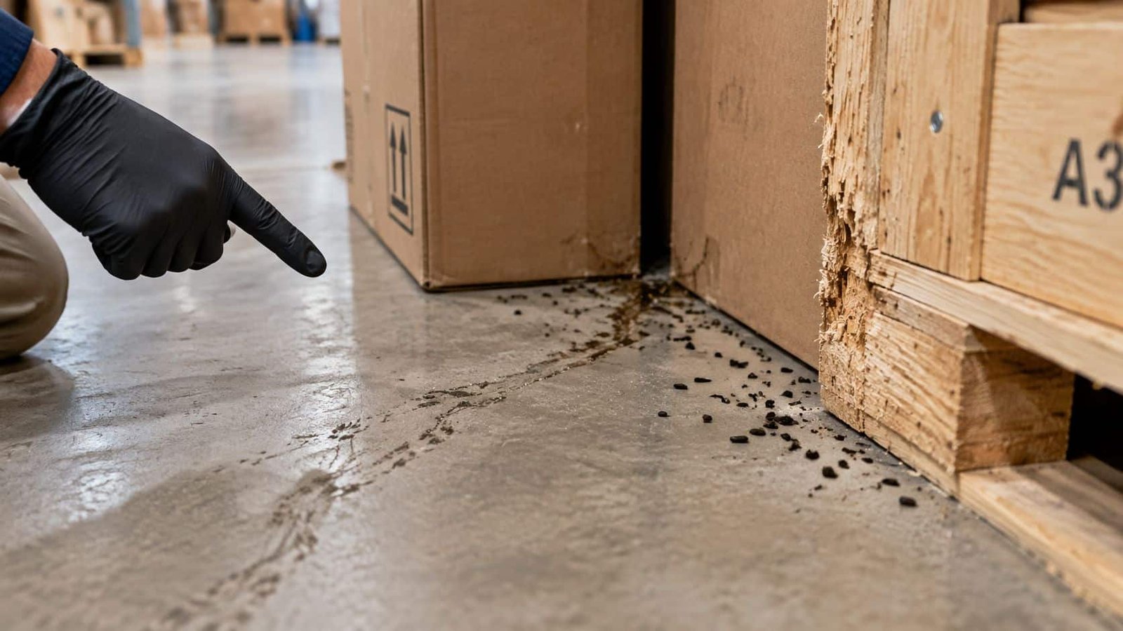 Warehouse Pest Control in Toronto for IPM Programs 4 A warehouse worker pointing to rodent droppings and a trail on the floor near cardboard boxes.
